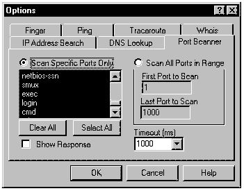 Вкладка Port Scanner Network Toolbox диалога Options
